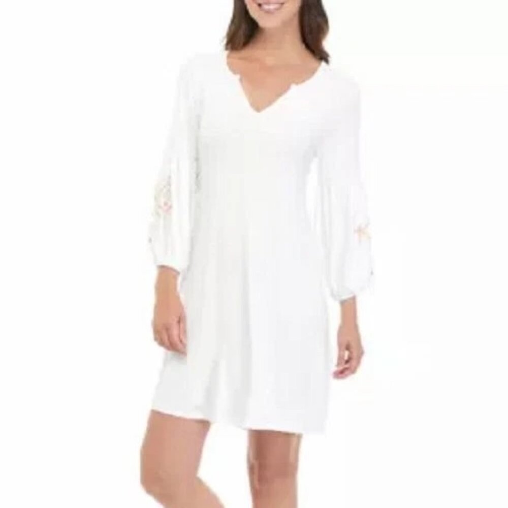 Cupio NWT white embroidered 3/4 length sleeve split neck stretchy dress sz S - Picture 4 of 11